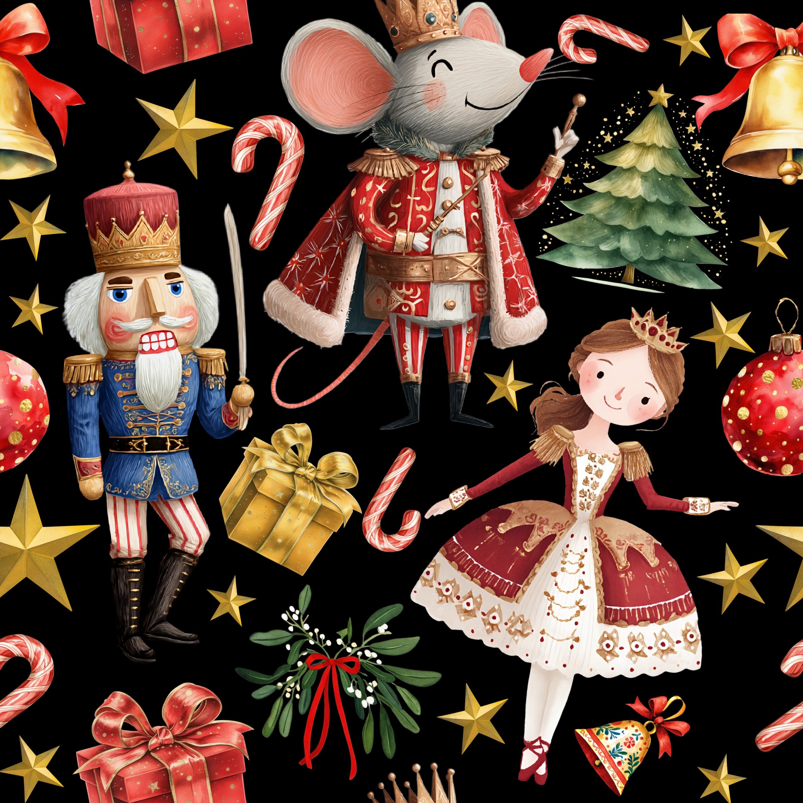 Nutcracker Christmas Ballet Pattern – Black Background